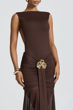Sexy Solid Sleeveless Backless Ruched Waist Slit Formal Dress