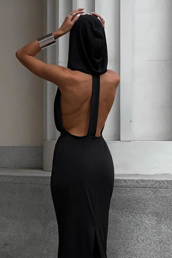 Hooded Backless Sleeveless Deep V Neck Maxi Dress