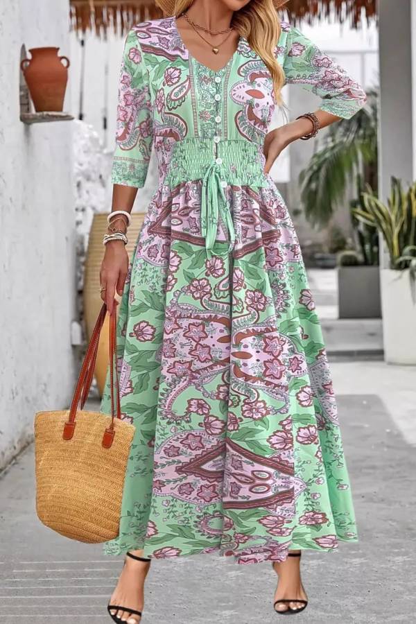 Smocked Printed Half Sleeve Dress