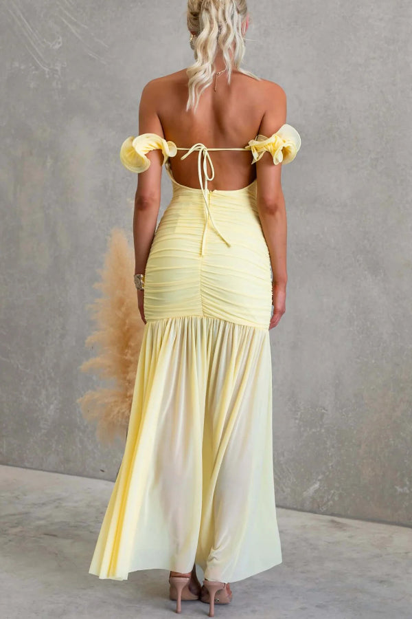 Solid Color Off-shoulder Pleated Backless Slim-fit Elegant Mesh Maxi Dress