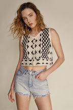 Black Diamond Check Button-Up Knitted Vest Top
