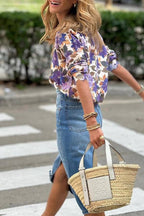 Vintage purple floral print loose-fitting knit top