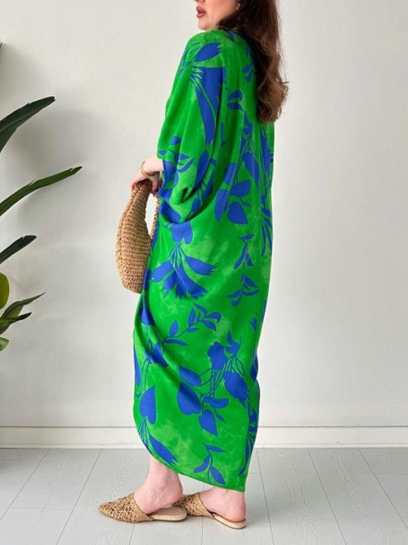 Fashion Printed Bat Sleeve V-Neck Dress