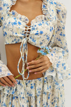 Floral Tie Front Square Neck Ruffled Cropped Top Low Waist Jogger Pants Two Piece Set