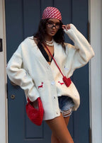 Oversized Dachshund Embroidered Cardigan – Casual Knit Sweater
