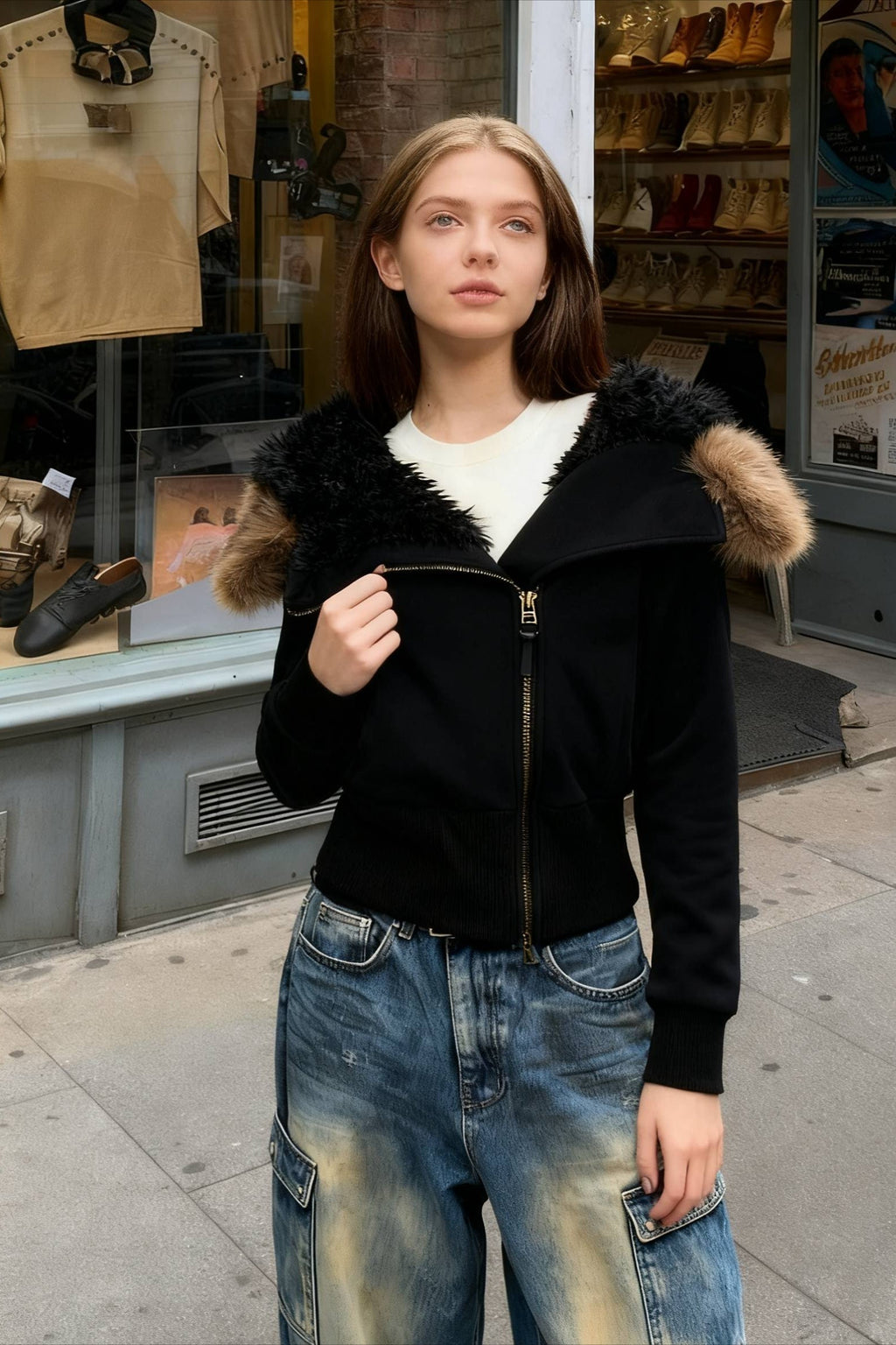 FleeceLined Hooded FurCollar Zip Short Jacket