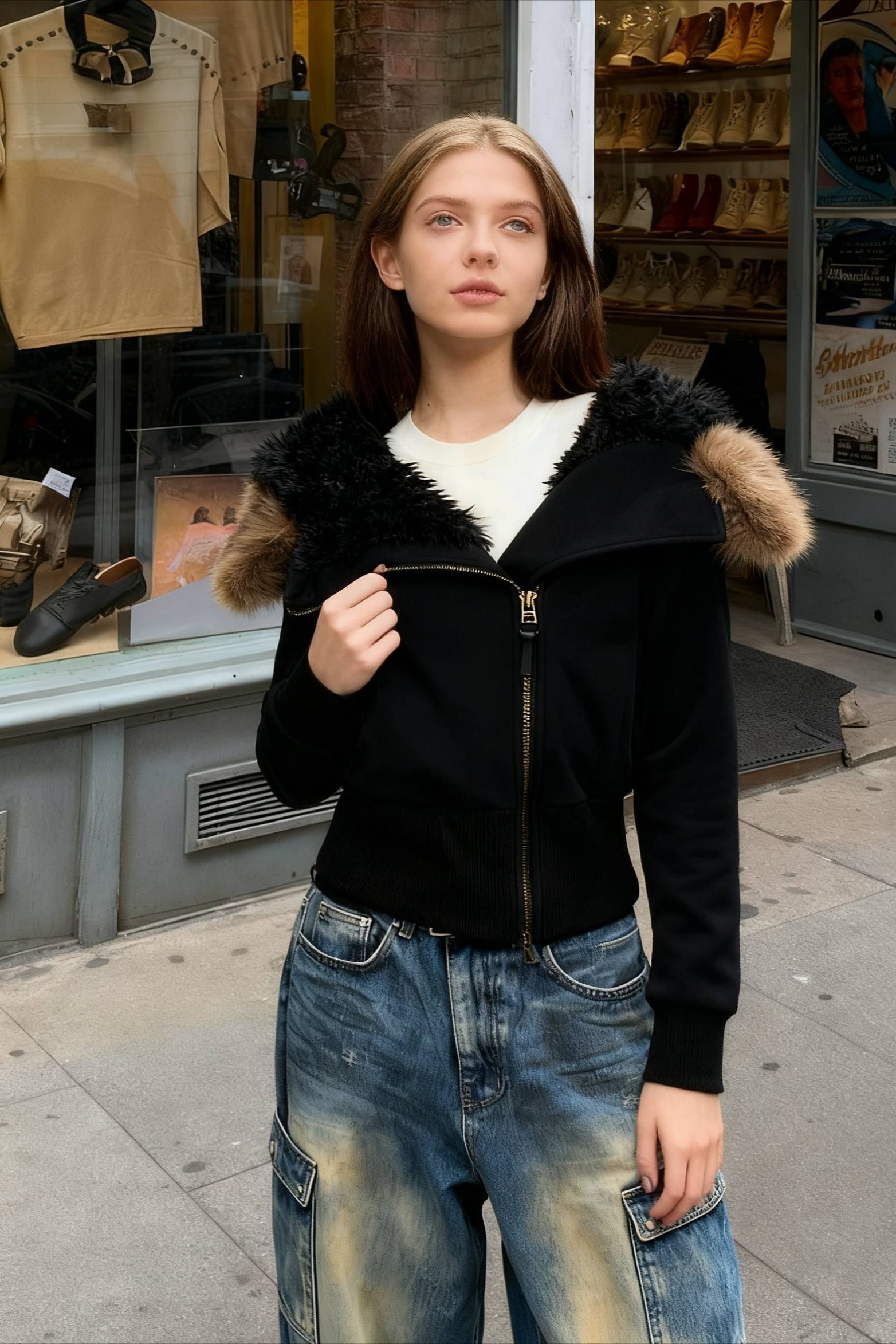 FleeceLined Hooded FurCollar Zip Short Jacket