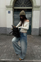Light Wash Whisker Fleece Lined Wide Leg Loose Jeans