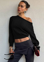 Off-Shoulder Cropped Knit Sweater – Minimalist Elegance