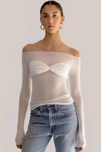 Sheer Ruched Faux Two-Piece Off Shoulder Crop Top