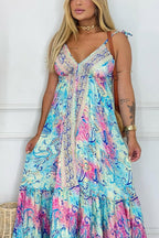 Bohemian Style Unique Print V-neck Suspender Holiday Maxi Dress