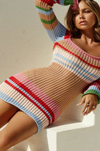 Striped Color-Block U-Neck Sexy Long-Sleeve Knit Sweater Dress