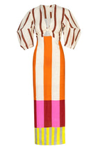 Kaya Linen Blend Color Block Print Front Cutout Knot Puff Sleeve Maxi Dress