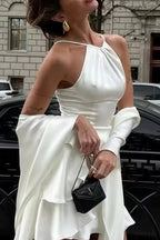 Satin Cape Ruffle Hem Mini Dress
