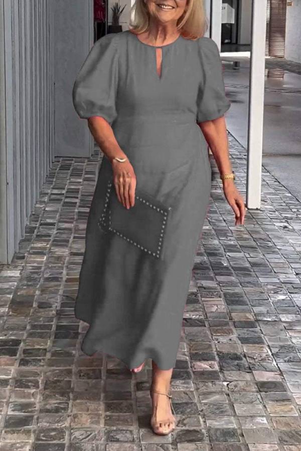 Round Neck Keyhole Puff Sleeve Waisted Midi Dress