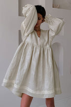 Cotton Linen V Neck Lantern Sleeve Loose Mini Dress