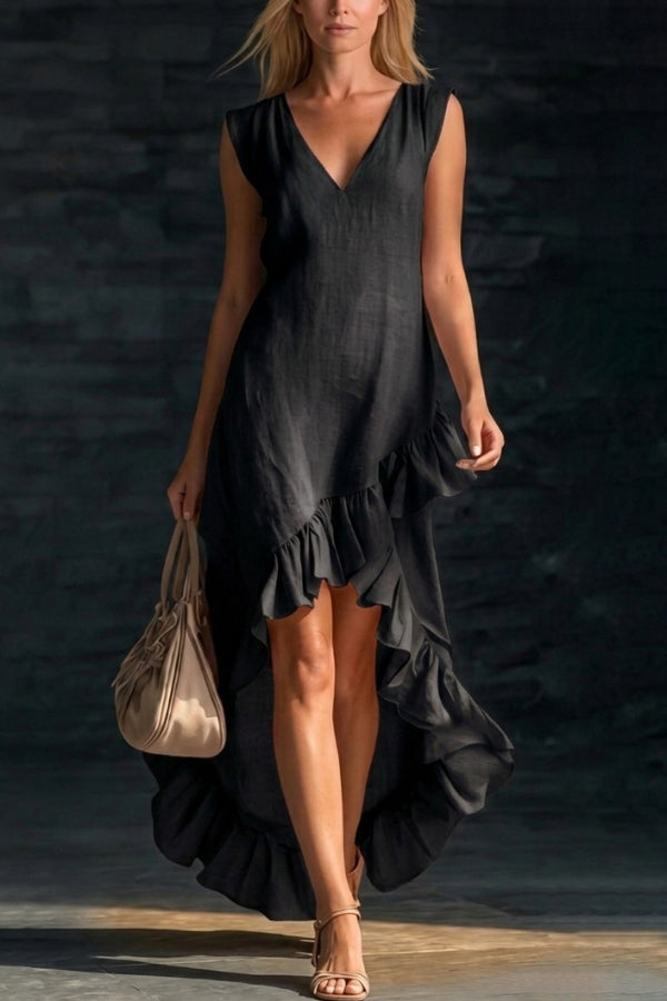 Linen Blend V-neck Sleeveless Ruffled Hem Casual Maxi Dress