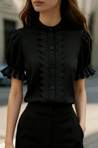 Solid Color Lace Patchwork Stand Collar Puff Sleeve Casual Shirt