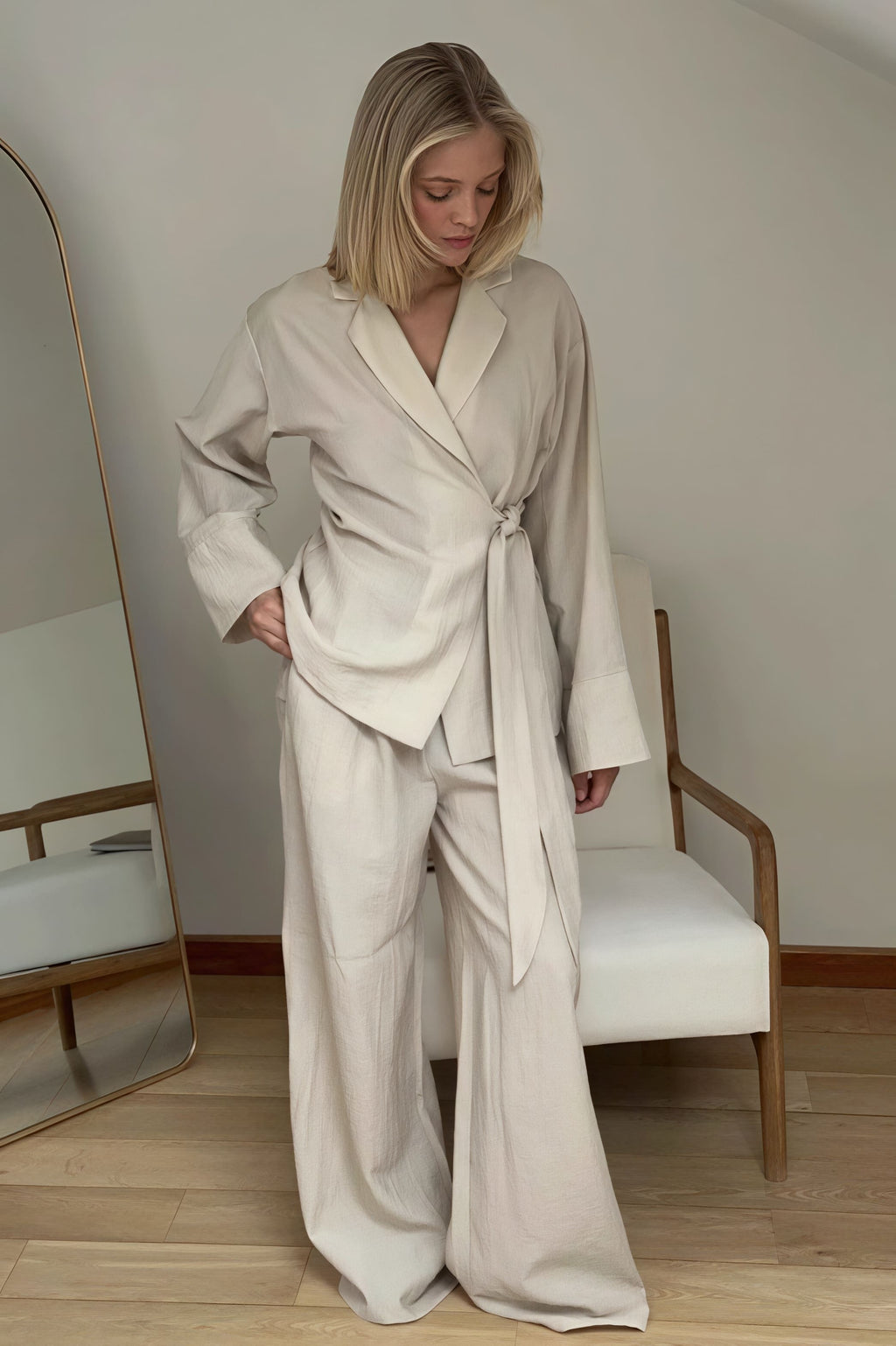 Tie Front Cardigan Loose Pants Two Piece Set