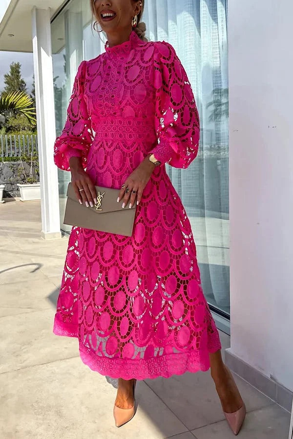 Francisca Premium Romantic, Sensual and Party Midi Dress with Crochet Lace and Lantern Sleeves Chic Silhouette Collection
