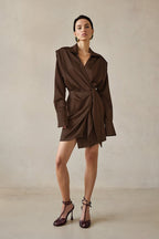 Solid Wrap Front Long Sleeve Slim Waist Mini Dress