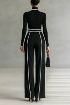 White Trim High-neck Long-sleeved Top With Wide-leg Pants and Belt Set