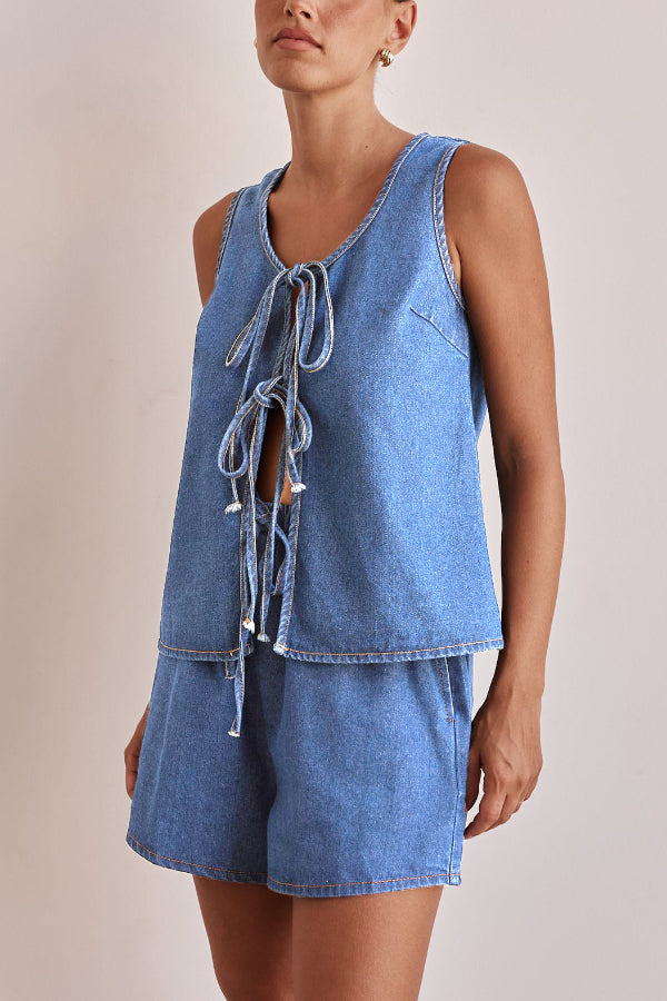 Stylish Elastic Waist Drawstring Pocket Casual Loose Denim Shorts
