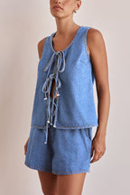 Stylish Elastic Waist Drawstring Pocket Casual Loose Denim Shorts