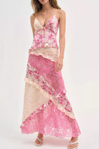 Fashionable Floral Print Lace Patchwork Hollow-out Slim Fit Vacation Ruffle Maxi Dress