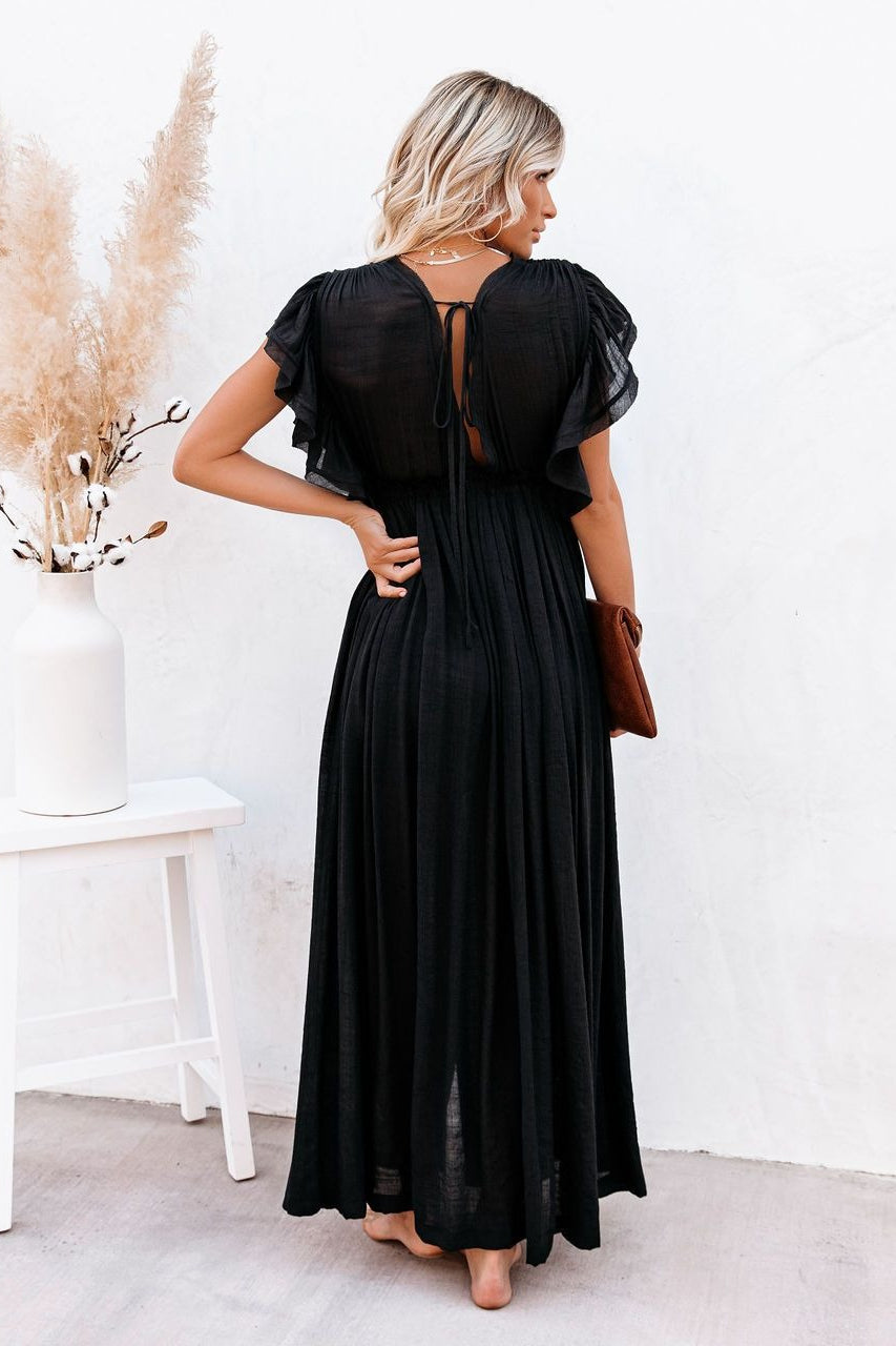 Button Front Drawstring Waist Maxi Boho Dress