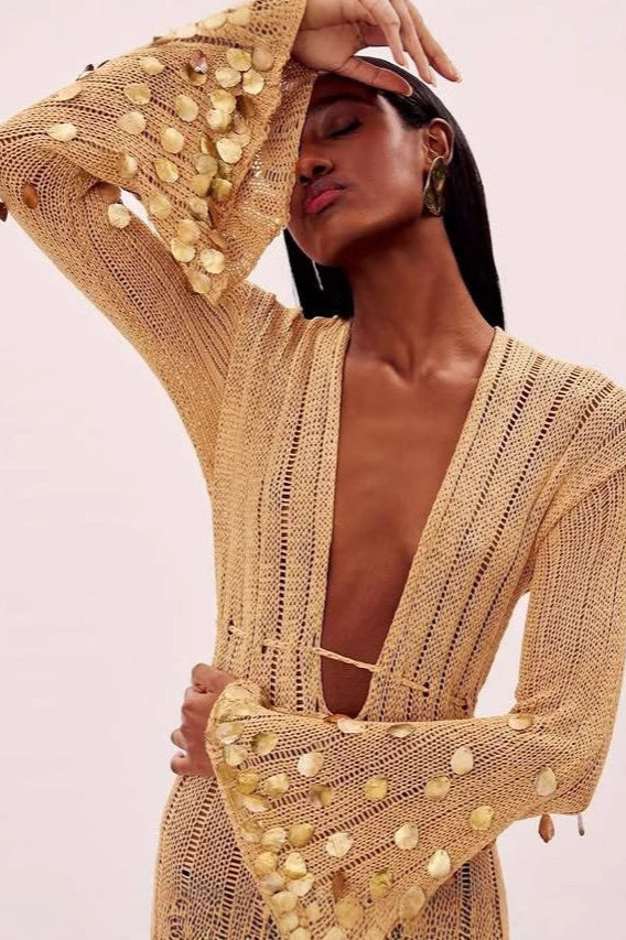 Sexy V Neck Belted Sequin Knit Long Boho Dress