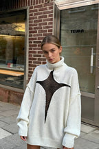 JuliaFashion  Y2K Spring Autumn Hollow Out Knitwear Mesh Patchwork Long Sleeve High Neck Ribbed Knitted Pullovers Sweater