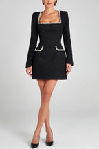 Lexi Timeless Girly and Mini Dress in Tweed Fabric with Beaded Trim, Long Slit Sleeves and Pockets Boutique Collection