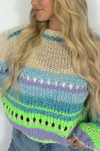 Rainbow Mood Multicolor Round Neck Hollow Long Sleeve Knitted Sweater
