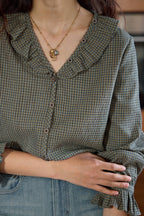 V Neck Ruffle Checkered Blouse