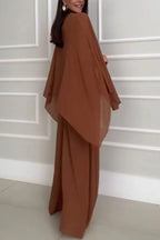 Veronica Chiffon Cape Flowing Top and Elastic Waist Wide-Leg Pants Set