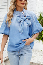 Fashionable Tie-up Bow Loose Lantern Sleeve Denim Top