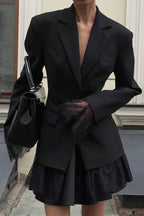 Solid Color Lace Panel Long Sleeve Button Elegant Blazer