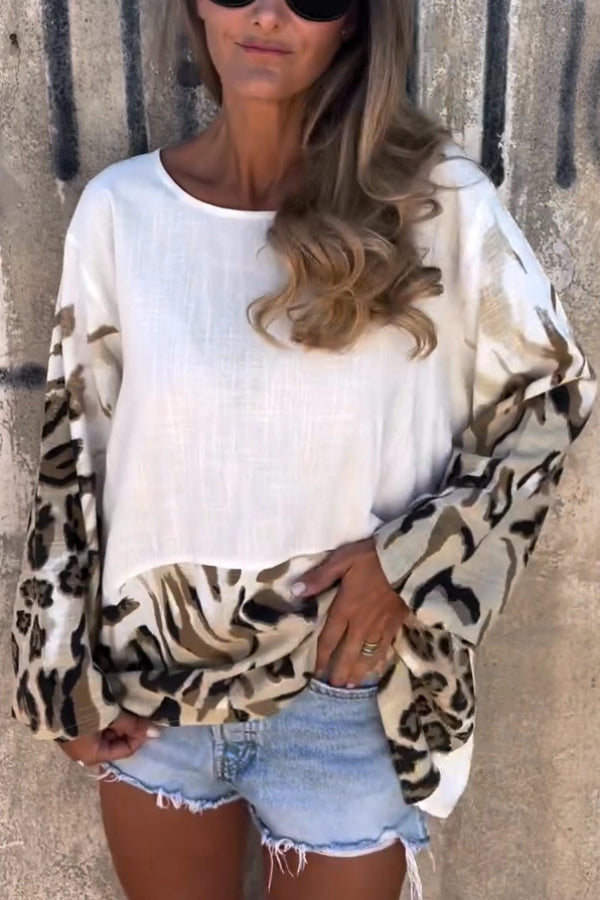 Leopard Print Loose-fitting Round Neck Long-sleeved Casual Top