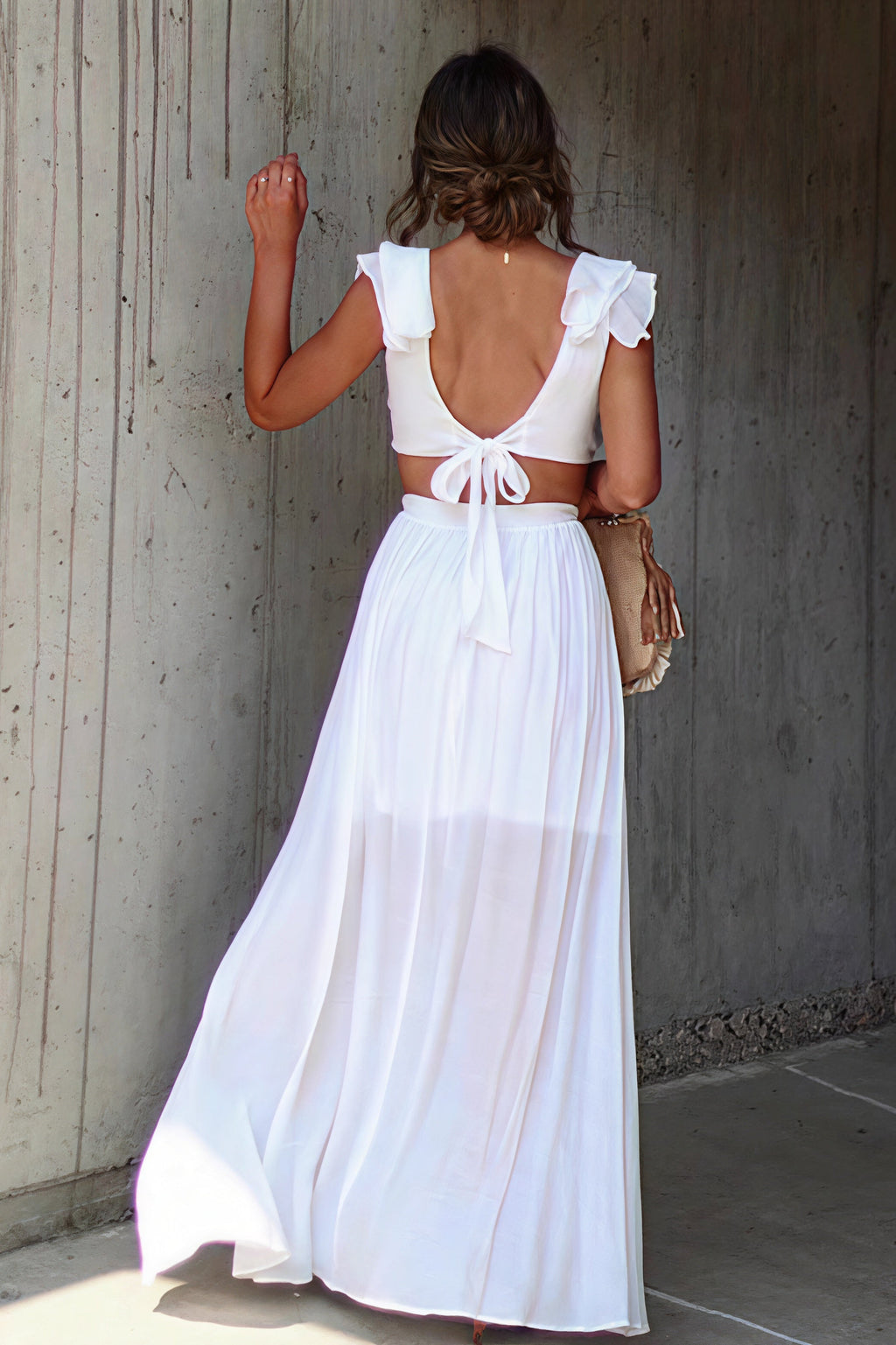 V Neck Ruffle Slit Flowy Maxi Boho Dress