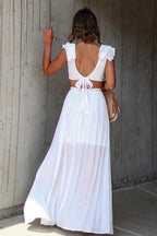V Neck Ruffle Slit Flowy Maxi Boho Dress