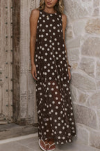 Polka Dot Print Loose Round Neck Sleeveless Mesh Casual Maxi Dress