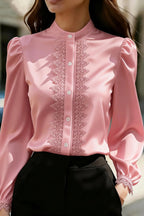 Solid Color Satin Lace Patchwork Casual Long-sleeved Shirt