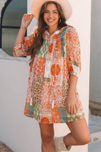 Orange Boho Paisley Mixed Print 3 4 Sleeve Chiffon Loose Dress
