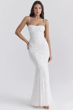 Tie Waist Sling Embroidered Mermaid Lace Dress
