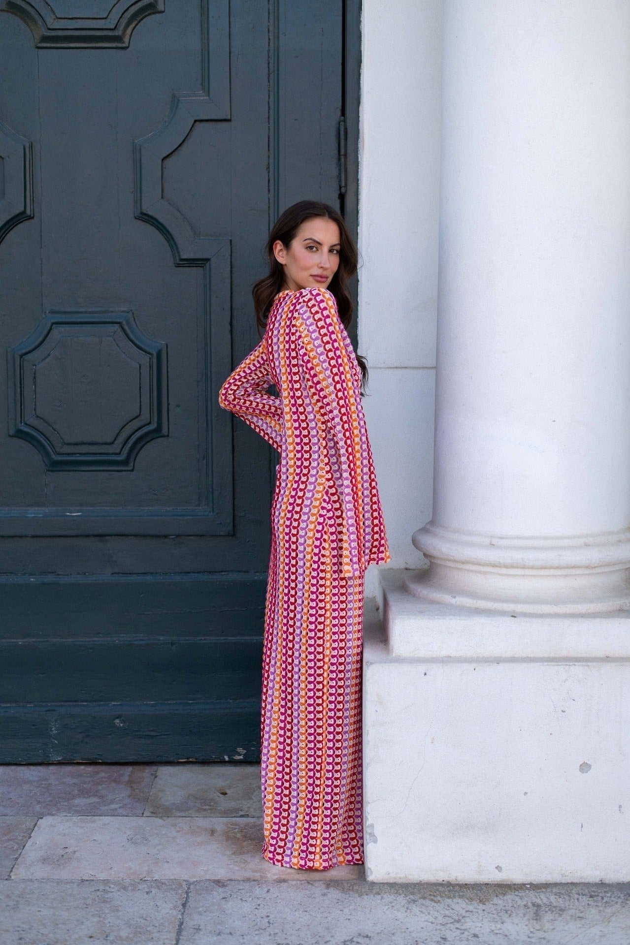 Pilar Chic Boho V Neck Bell Sleeve Maxi Dress, Wavy Striped Crochet Beach Holiday Dress Evening Wear Edit
