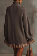 Solid Color Turtleneck Long-sleeved Loose Ruffle Knit Mini Dress