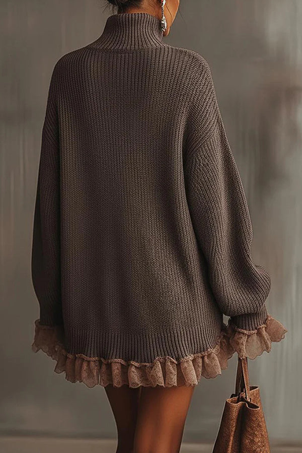 Solid Color Turtleneck Long-sleeved Loose Ruffle Knit Mini Dress