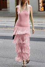 Solid Color Sleeveless Slim Fit Fringed Hem Knitted Midi Dress