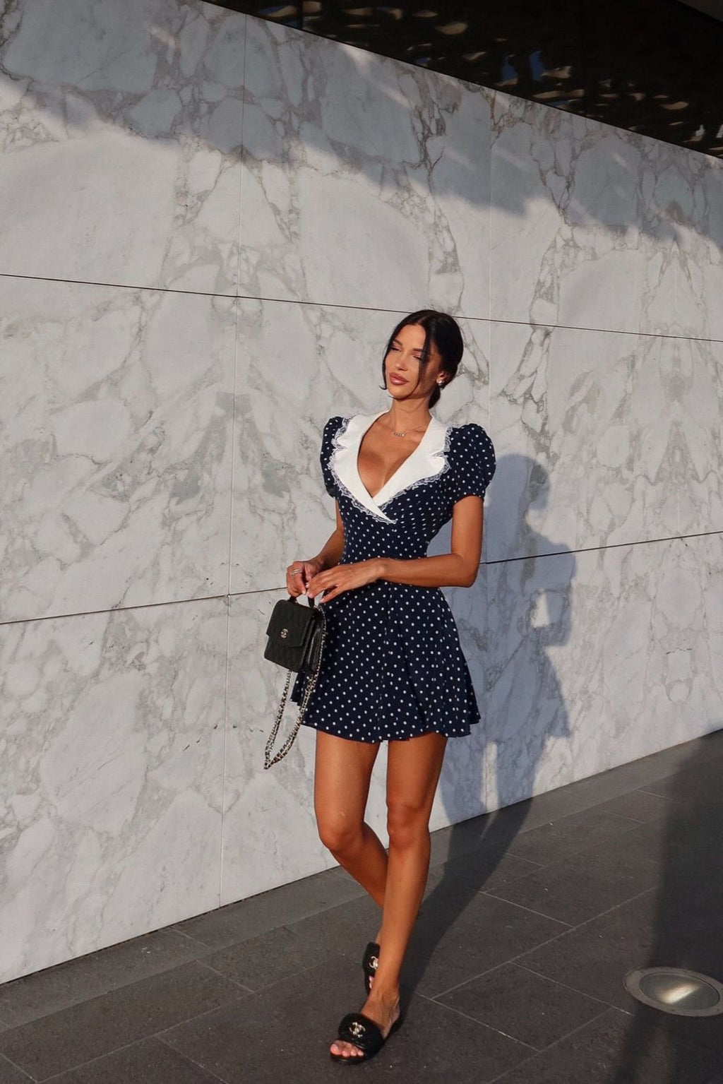 Vintage Lace Trim Polka Dot V-Neck Fitted Mini Dress